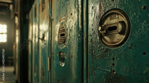 A close-up of weathered blue lockers in an industrial setting, highlighting age and texture.