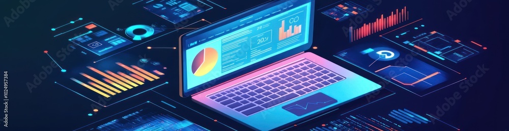 A laptop displaying data visualizations and graphs, representing analytics and technology. A laptop displaying data visualizations and graphs, representing analytics and technology.