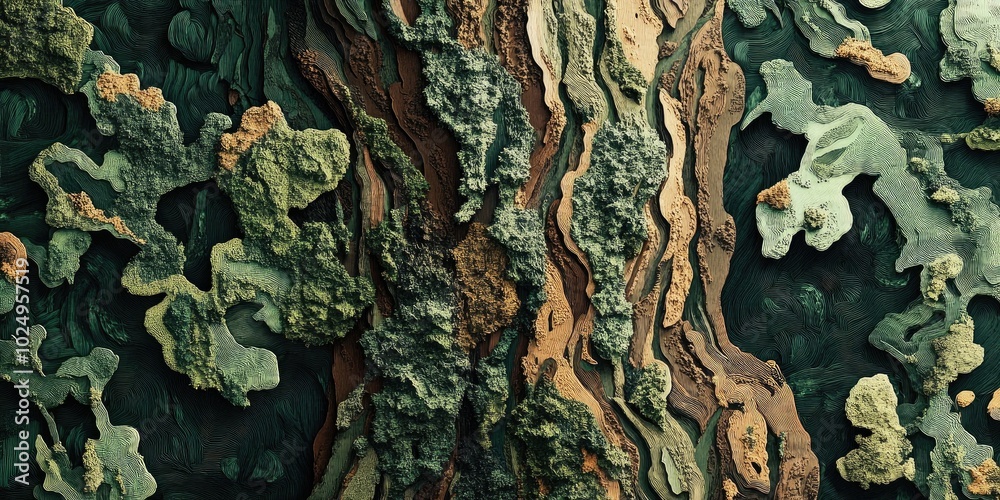 Close-up of textured tree bark in earthy tones, highlighting delicate moss patterns and signs of weathering Perfect for use in background or nature-themed projects