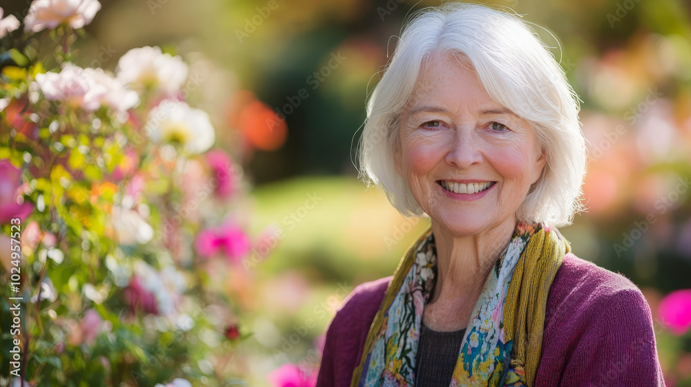 A portrait of an old woman with striking white hair styled elegantly, smiling warmly at the camera, with a backdrop of a colorful garden filled with blooming flowers A portrait of an old woman with striking white hair styled elegantly, smiling warmly at the camera, with a backdrop of a colorful garden filled with blooming flowers