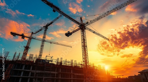 Silhouette of construction crane against a fiery sunset sky, towering over a bustling city development site