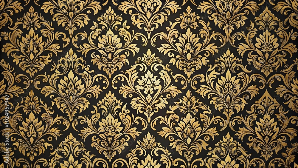 Seamless damask pattern with gold and black motifs for walls and floors Seamless damask pattern with gold and black motifs for walls and floors