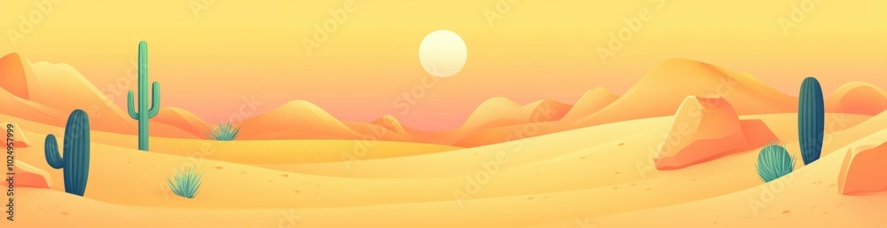 Obraz premium A serene desert landscape with cacti, sand dunes, and a warm sunset.