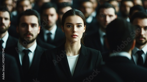 A woman stands out among a crowd of men in suits, exuding confidence and determination, set against a backdrop of uniformity and focus.