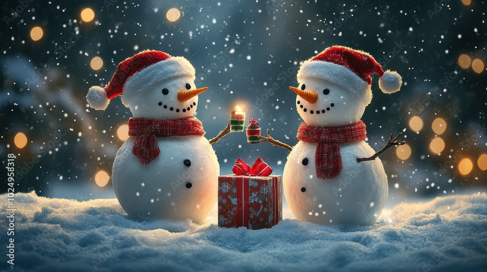 Jolly Snowmen in Winter Landscape – Happy New Year and Merry Christmas Card