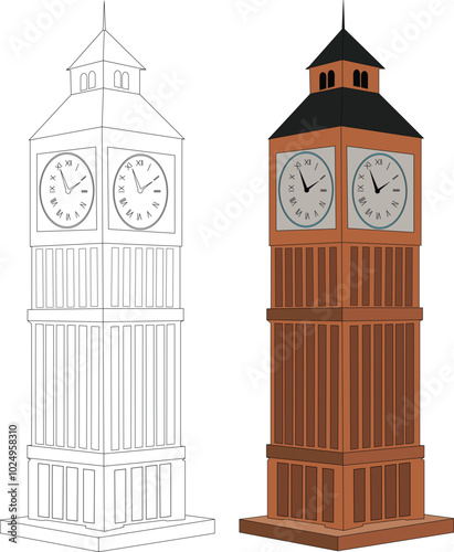 Set of two big ben with and without colors Travel and tourism London big ben clock tower UK. Parliament square London.