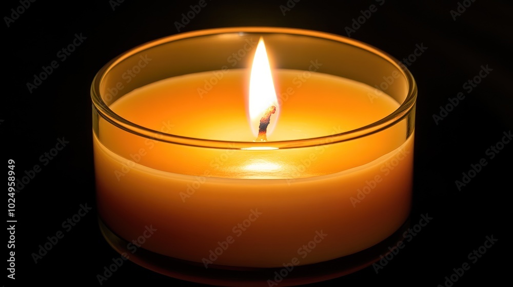 A glowing candle in a glass holder, illuminating a warm ambiance. A glowing candle in a glass holder, illuminating a warm ambiance.