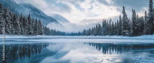 A serene winter landscape featuring a frozen lake surrounded by snow-covered mountains and trees.