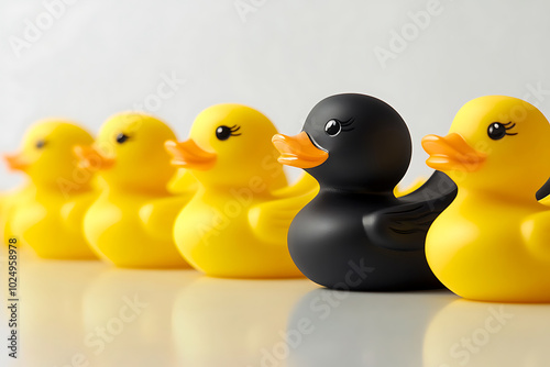 A black rubber duck stands out in a row of identical yellow ducks on a white reflective surface, with soft lighting and a gradient background, symbolizing individuality.
