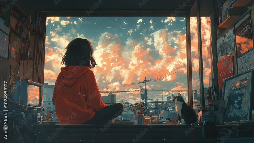 A girl and her cat sit together on a windowsill, gazing up at the sky, animation in a retro anime style. Loop A girl and her cat sit together on a windowsill, gazing up at the sky, animation in a retro anime style. Loop
