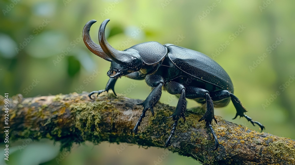 Close-up of a rhinoceros beetle climbing a tree branch, showcasing its large horn and shiny exoskeleton Close-up of a rhinoceros beetle climbing a tree branch, showcasing its large horn and shiny exoskeleton