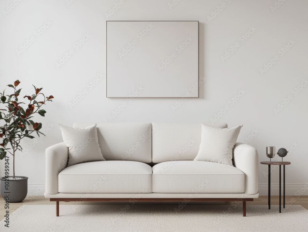 Modern living room with white sofa, minimalist decor, and green plant.