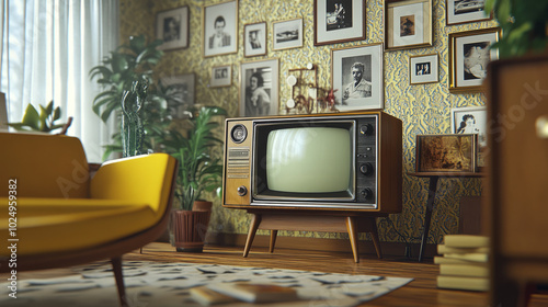 A vintage television set from the 1960s sits on a wooden stand in a cozy living room, displaying static while surrounded by nostalgic decor like old photographs and patterned wallpaper