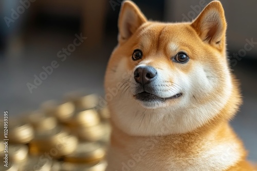 Doge cryptocurrency meme, dog sitting on pile of coins humorous financial concept illustration