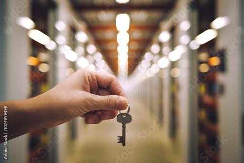 A photo of a hand gripping a key in front of a blurred background of a storage complex with bright lights.