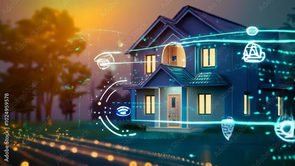 Smart Home Automation with Security System in Technologically Advanced Suburban House at Dusk Conceptual 3D Illustration
