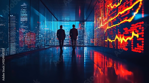 Businessmen Looking at Financial Data and Cityscape at Night