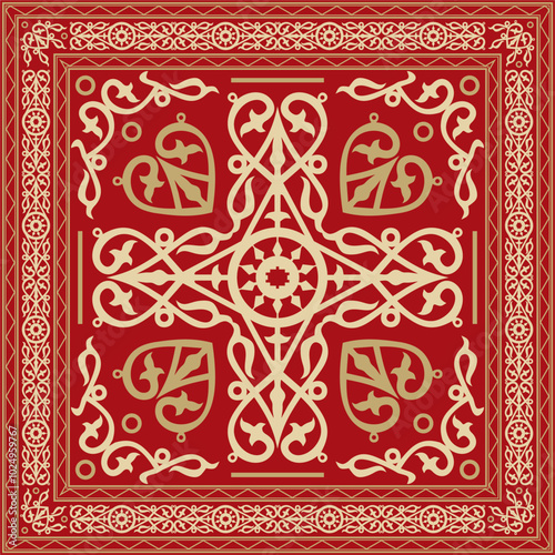 Vector gold and red square Yakut ornament. Infinite rectangle, border, frame of the northern peoples of the Far East.