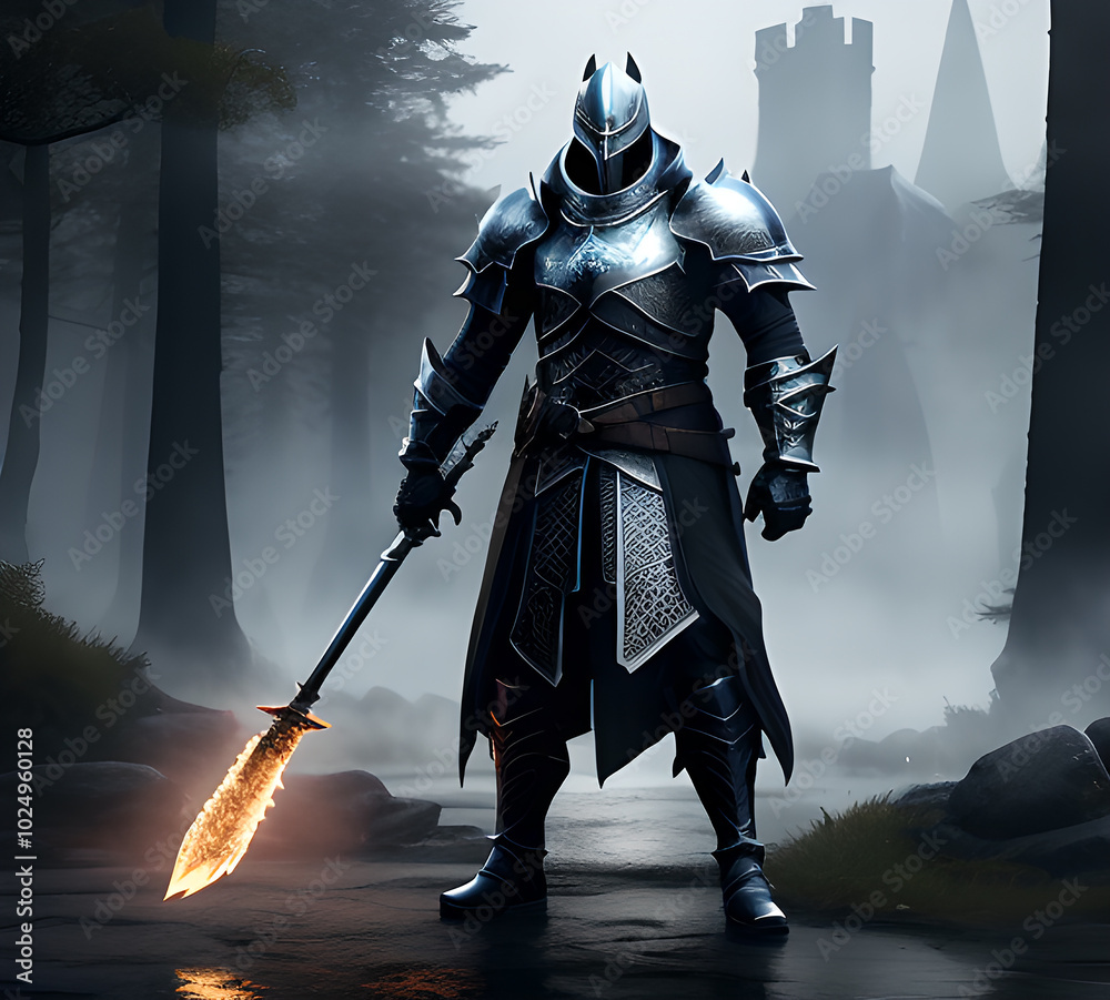 Obraz premium Knight warrior in steel armor middle ages dark staging.generative ai