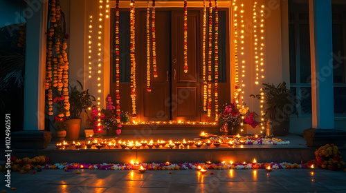 Beautifully decorated front door for Diwali, with glowing diyas, string lights, and flower garlands photo