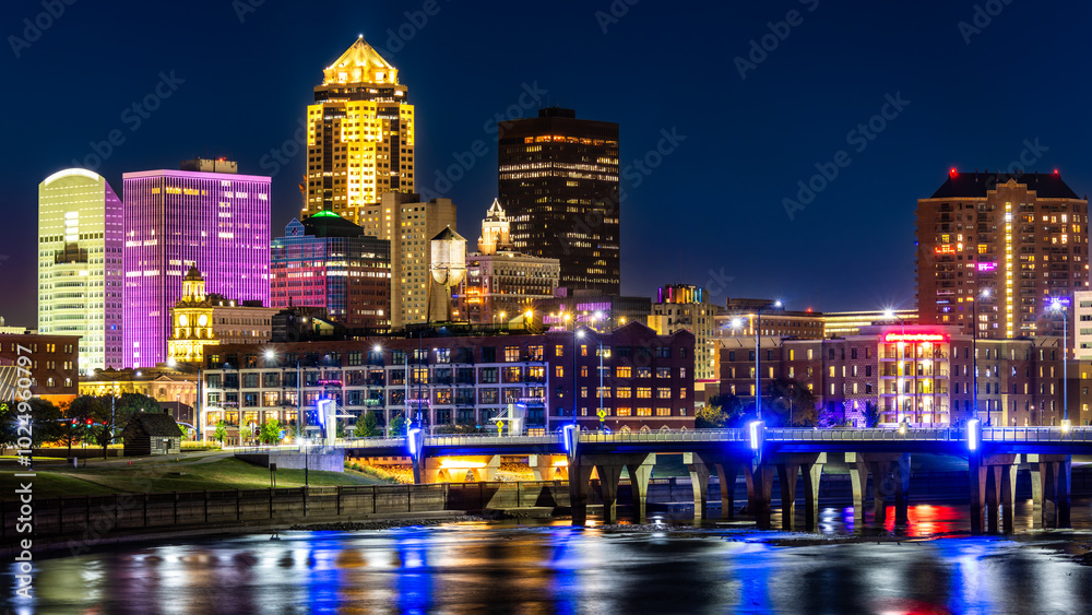 Des Moines, Iowa skyline by night. Des Moines is the capital and most populous city in the U.S. state of Iowa and seat of Polk County