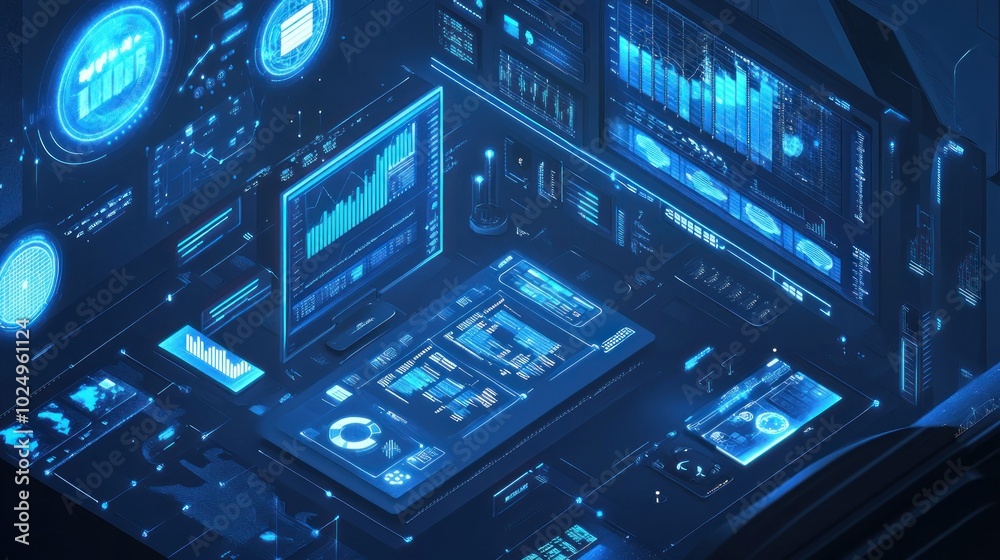 Fototapeta premium A futuristic digital interface displaying data analytics and visualizations.