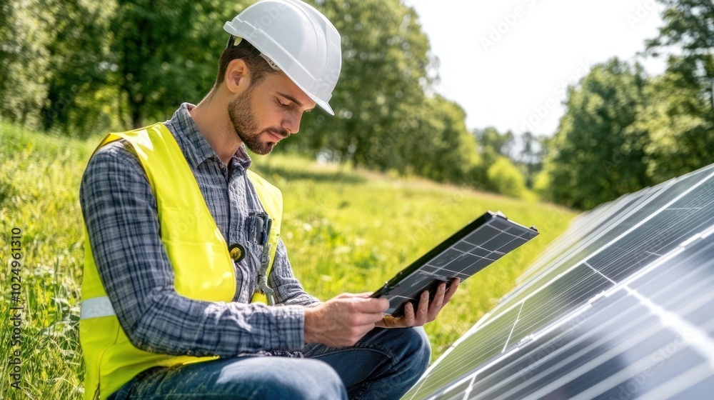 A man in a hard hat and vest inspects solar panels in a green field.
