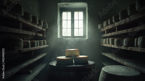 A dimly lit cheese cellar with aging cheeses on wooden shelves and a central display. photo