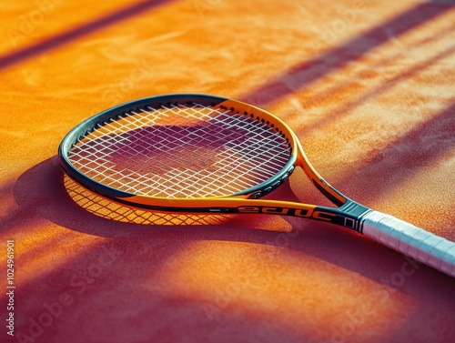 Tennis racket laying on a tennis court with a shadow