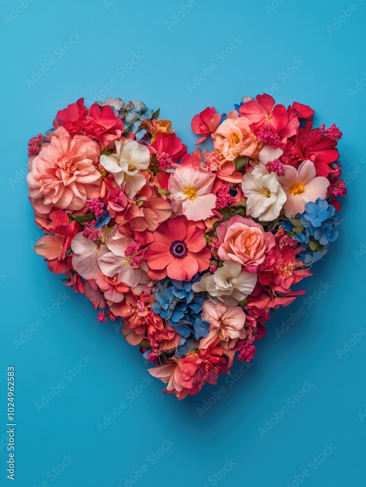 Heart Shaped Flower Arrangement on Blue Background Heart Shaped Flower Arrangement on Blue Background