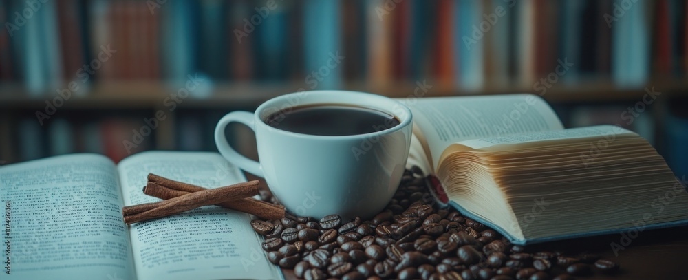A cozy scene featuring a cup of coffee, an open book, and coffee beans, evoking relaxation. A cozy scene featuring a cup of coffee, an open book, and coffee beans, evoking relaxation.