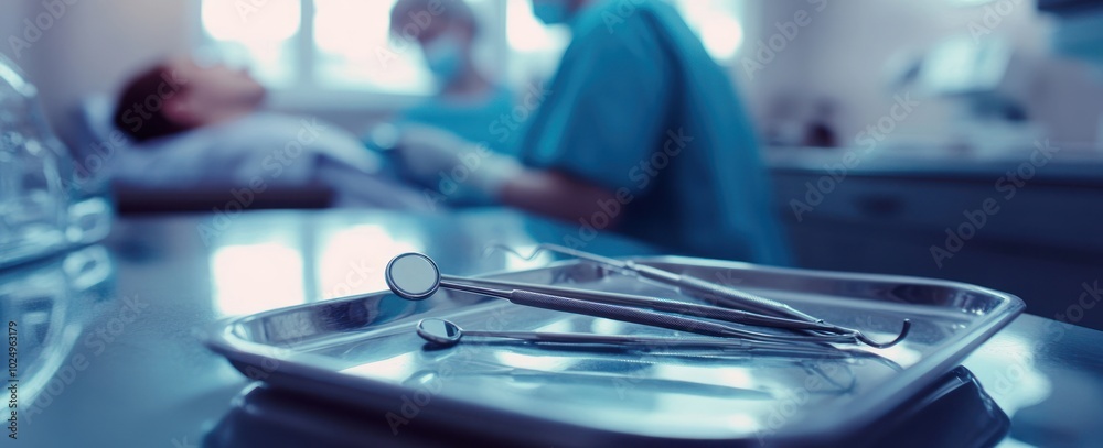 A dental scene with tools and a patient in a clinical setting.