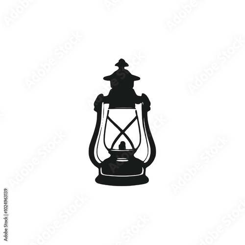 An old-fashioned black and white oil lamp with a glass shade and a metal frame 