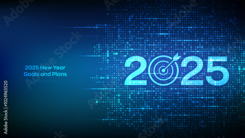 2025 New year Goals and plans. Numbers 2025 made with currency symbols. New 2025 financial year. Business plan and strategies. New 2025 fiscal year. Background with currency signs. Vector illustration