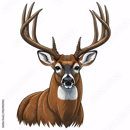 whitetail deer buck portrait illustration  with brown fur and antlers  on white background