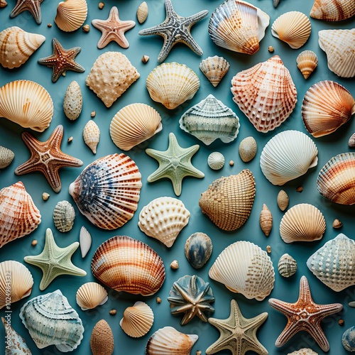 Colorful seashell background with shells. photo