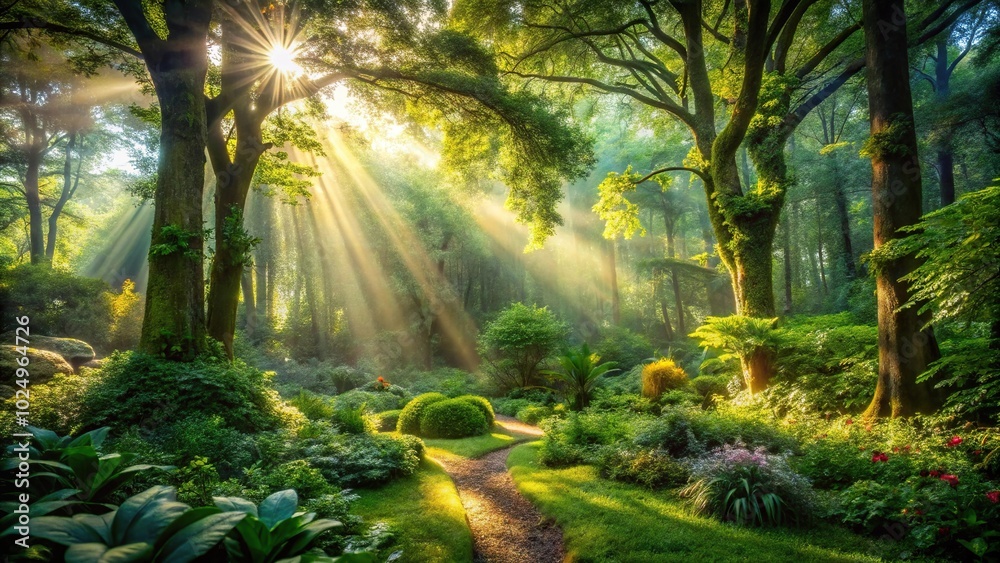 Fototapeta premium Sunlight filtered through dense forest creating a secret garden