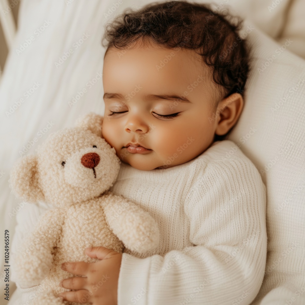 A peaceful baby sleeps with a teddy bear, conveying warmth and comfort. A peaceful baby sleeps with a teddy bear, conveying warmth and comfort.