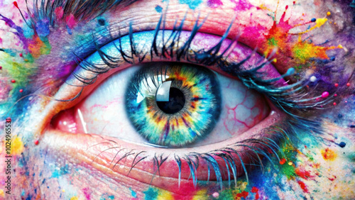 A bright explosion of color surrounds the eye, splashes of blue, pink, yellow and green radiate outward. The iris itself creates a psychedelic effect with its mesmerizing mix of shades. AI generated.