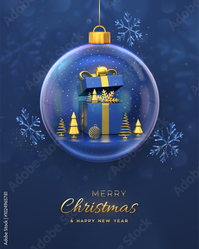 Christmas greeting card. Open gift box, golden showflake and shining ball, metallic spruce trees in a glass ball. New Year Xmas background, Holiday poster, banner, flyer. 3D Vector illustration. photo