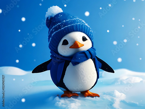 A cute penguin wears blue clothes on a snow background