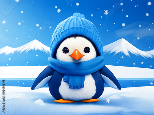 A cute penguin wears blue clothes on a snow background