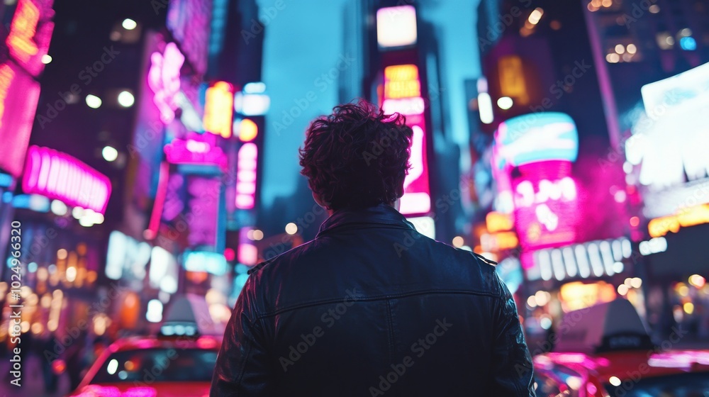 Fototapeta premium A person stands in Times Square, surrounded by vibrant neon lights and bustling city energy.