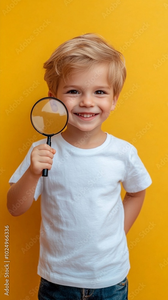Curious young explorer: blonde boy in white t-shirt holds magnifying glass, beaming with excitement against vibrant yellow background, embodying childhood wonder. Curious young explorer: blonde boy in white t-shirt holds magnifying glass, beaming with excitement against vibrant yellow background, embodying childhood wonder.