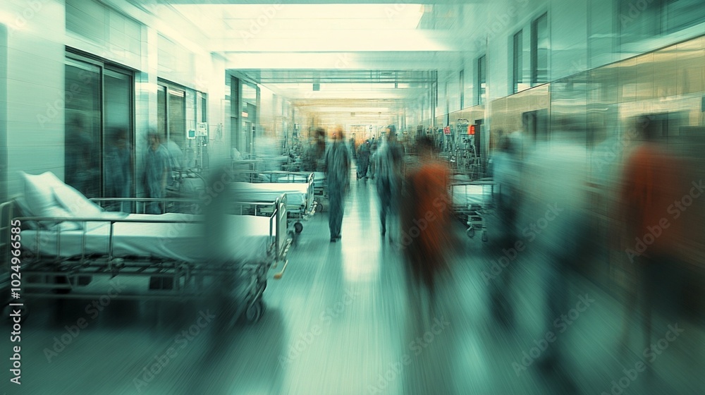 Blurred figures move through a busy hospital corridor, creating an ethereal atmosphere of urgency and constant motion in the sterile, teal-tinted environment. Blurred figures move through a busy hospital corridor, creating an ethereal atmosphere of urgency and constant motion in the sterile, teal-tinted environment.