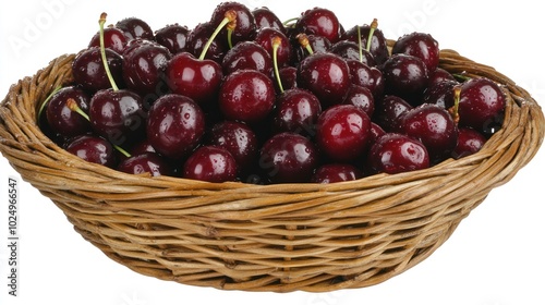 A woven basket filled with fresh, dark red cherries, showcasing their vibrant color and texture.