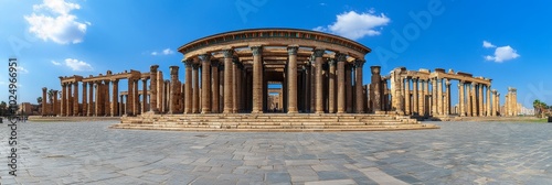 Cultural Elegance of Egypt Scenic Ruins at Ancient Leptis Magna Under Brilliant Blue Sky photo