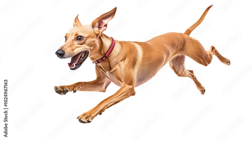 A joyful dog leaping in mid-air against a white background. A joyful dog leaping in mid-air against a white background.