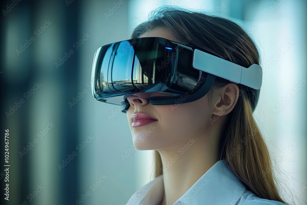 Close-up of virtual reality glasses. Using augmented reality glasses in business processes. Portrait of a business woman in a discreet manner Close-up of virtual reality glasses. Using augmented reality glasses in business processes. Portrait of a business woman in a discreet manner