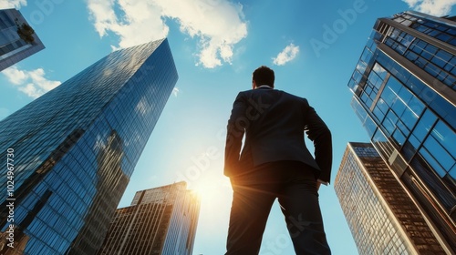 Businessman Looking Up at Modern Skyscrapers photo